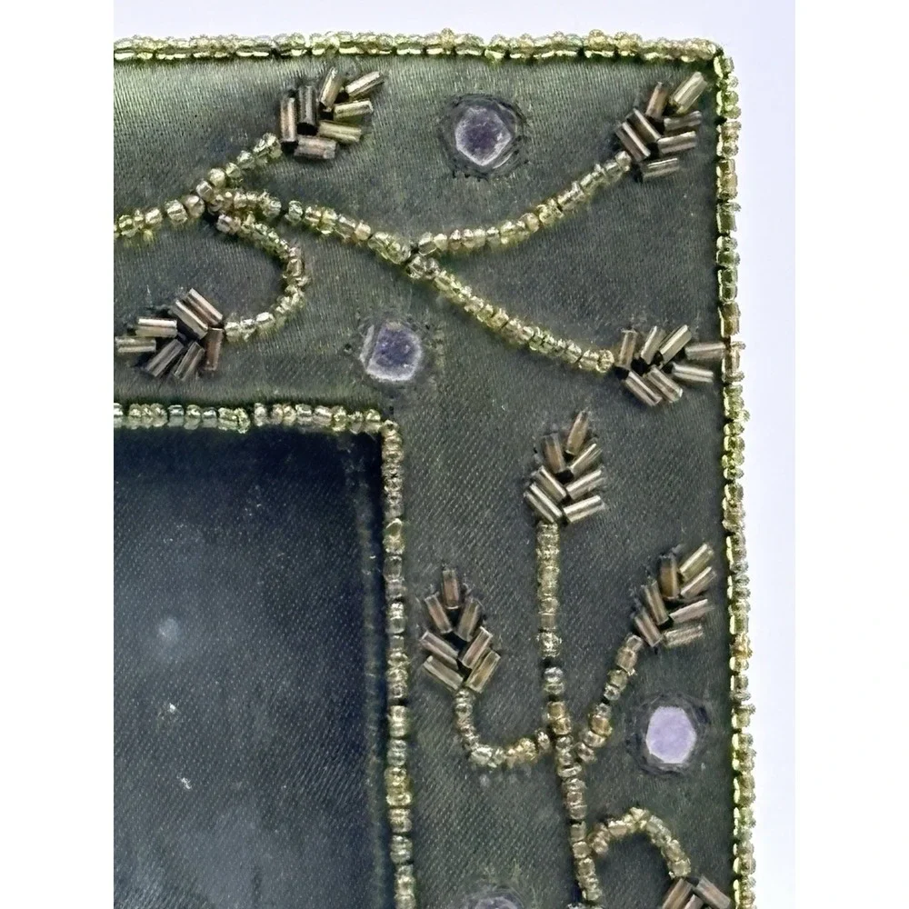 Pier 1 Velvet Beaded Picture Frame Green Rhinestone Jeweled Boho 5x7